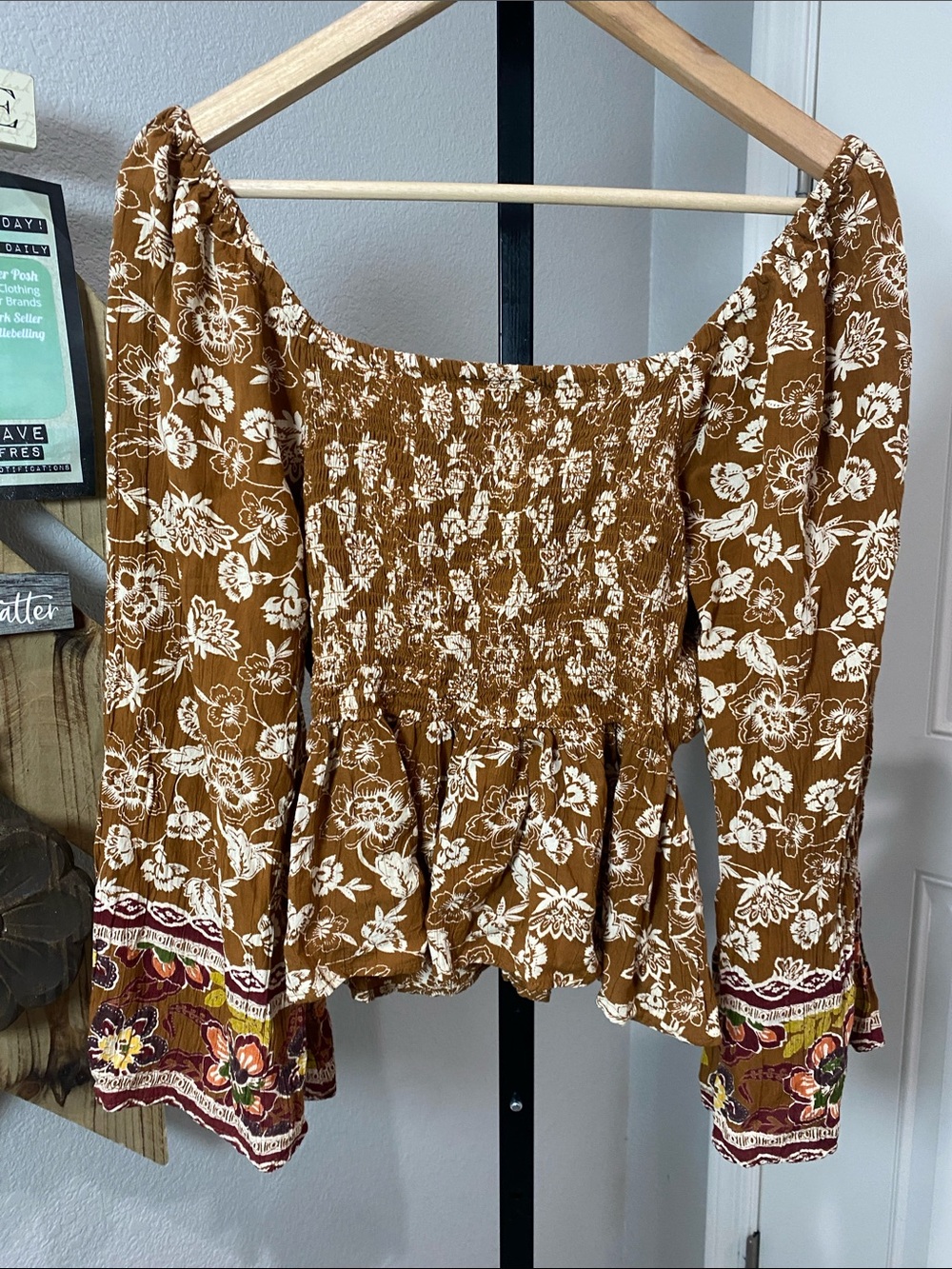 Angie Mustard Floral Peasant Blouse with Border Print🌵🌼beautiful! SzL - Picture 5 of 5